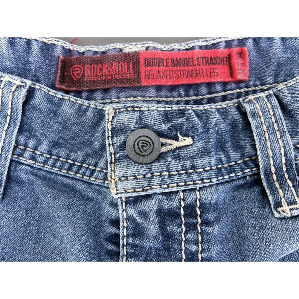 Rock & Roll Denim Jeans Mens 32 x 34 Blue Double Barrel Straight Leg Western